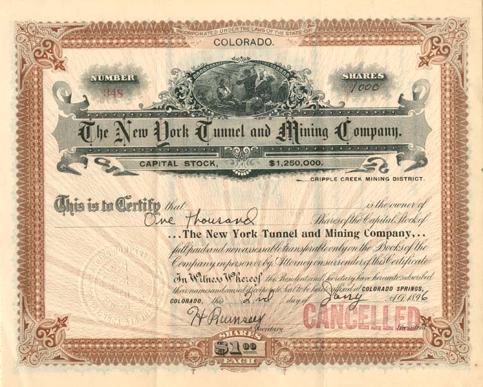 New York Tunnel and Mining Co. - Stock Certificate